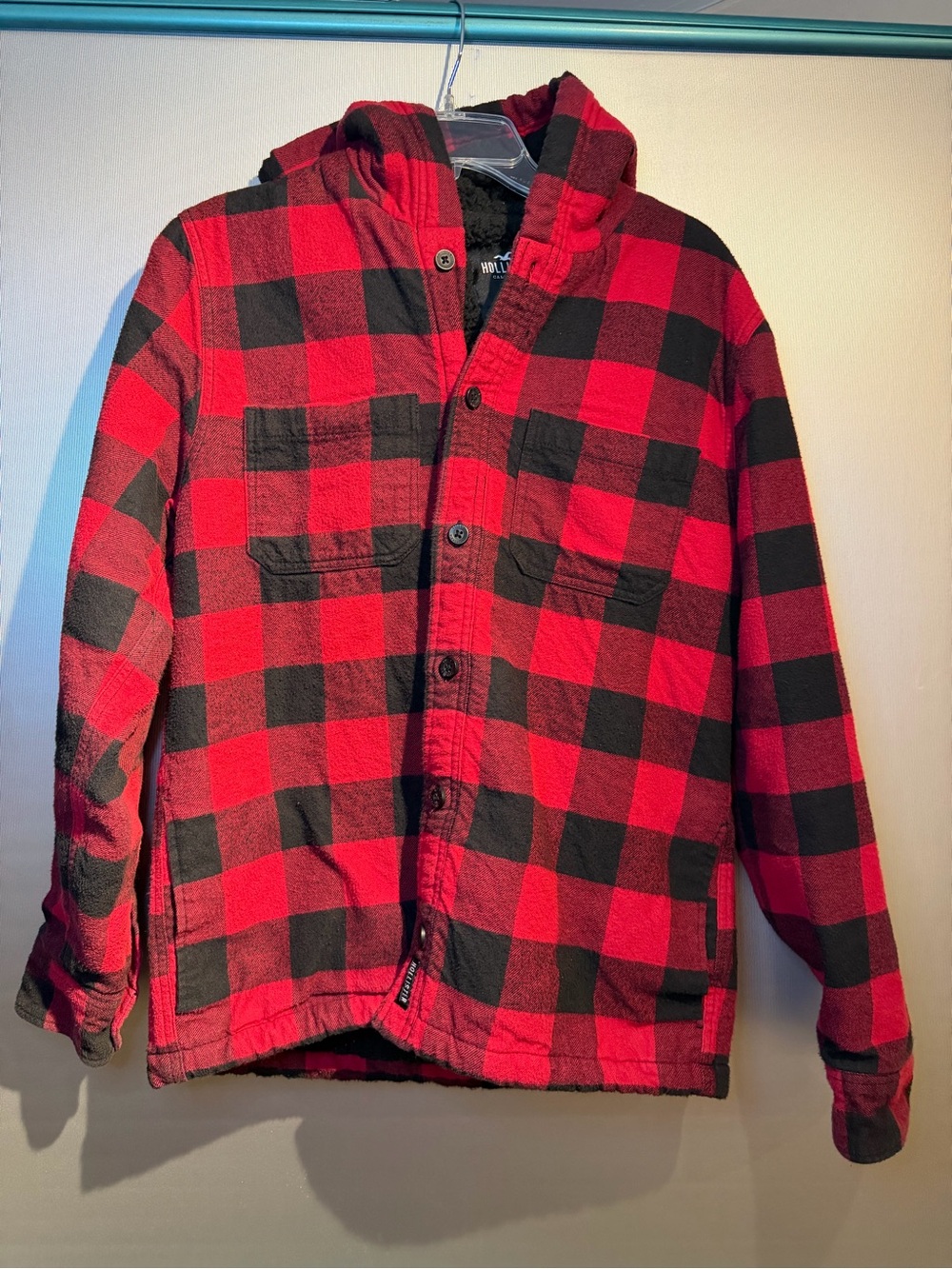 Hollister Men's Sherpa Lined Hooded Flannel Shirt Jacket Red Black Buffalo Plaid